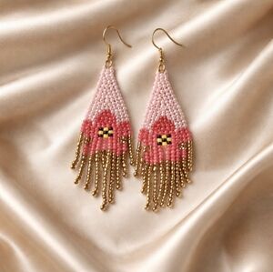 Coral Pink Hawaiian Floral Seed Bead Fringe Earrings Tropical Beaded Dangle